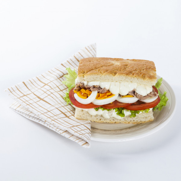 Focaccia with tuna and boiled eggs